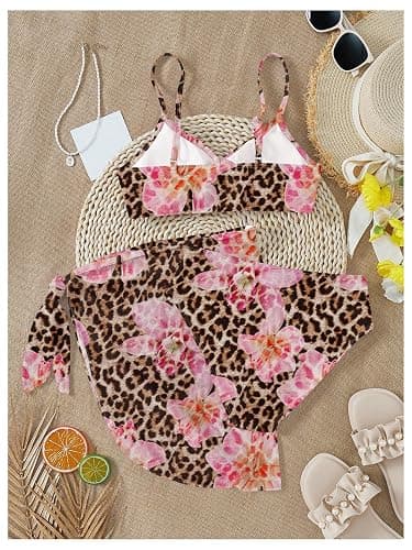 RoseSeek Girls 3 Piece Bikini Set with Beach Skirt Floral Leopard O-Ring Padded Swimsuit for Teen Girls thumbnail 3