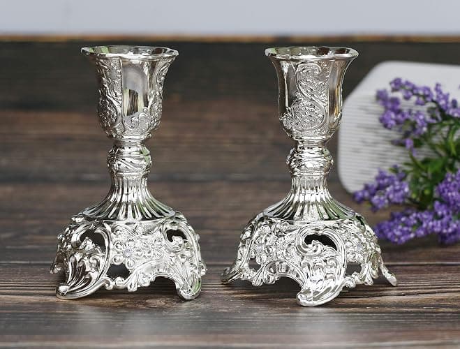 JAZPlayer Silver Taper Candle Holders with Deluxe Engraved Design, Set of 2 Premium Metal Silver Candlestick Holders thumbnail 2