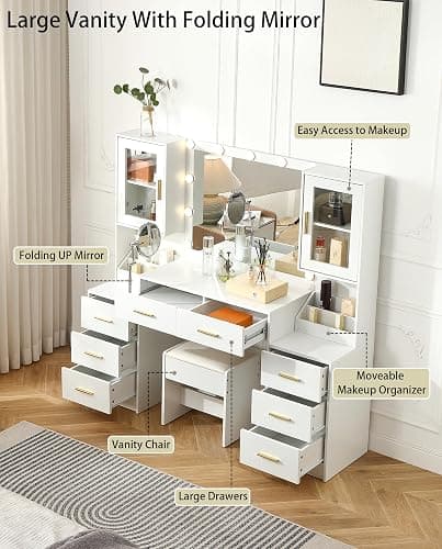 FOREST GRAVITY 58.3'' Large Vanity with Folding Up Mirror and Lights,Makeup Vanity Desk with Mirror and Lights,Outlet, Chair and Two Makeup Organizers,Dressing Table for Bedroom,White thumbnail 6