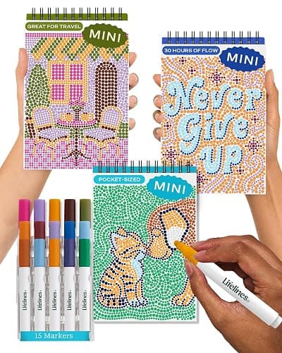 Lifelines FlowArt Mini Activity Pads, 3-Pack, Dot-by-Letter Coloring Books | 15 Markers & 60 Scenes - Guided Art Meditations for Tweens, Adults & Seniors - Dot-by-Letter - Patent-Pending - Image 1