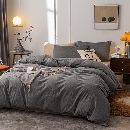 Janlive Washed Cotton Duvet Cover Full Ultra Soft 100% Cotton Solid Color Gray Duvet Cover Set with Zipper Closure -3 Pieces Grey Full thumbnail 2