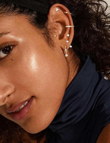 Jstyle Hypoallergenic 14K Gold Plated Stud Hoop Earrings for Women - Surgical Stainless Steel Earrings Trendy Small Hoops Cartilage Earring Stacks Huggie Earring Set for Multiple Piercing Jewelry thumbnail 4