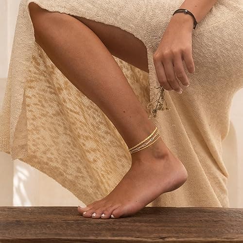 DEARMAY 14K Gold Plated Ankle Bracelets for Women Waterproof - Dainty 6Pcs Anklets Layered Cuban Link Chain Herringbone Cute Anklets Set Pack Summer Beach Jewelry Gift for Women Teen thumbnail 8