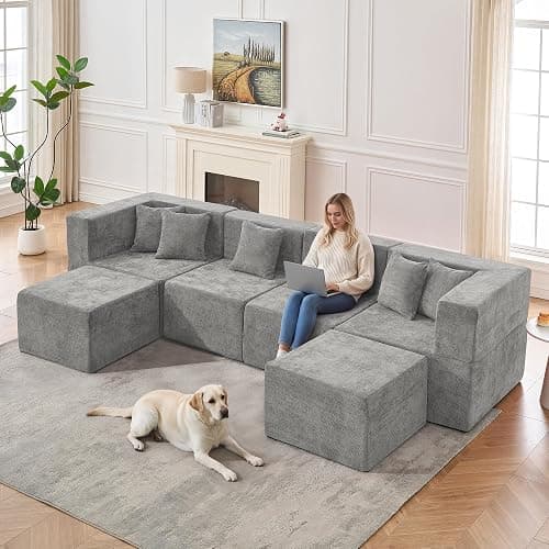 MONVANE Modular Sectional Cloud Couch for Living Room - 130'' 6 Seater Convertible Chenille Couches Set with Ottoman, No Assembly Compression Sofas, Comfy Floor Sofa with Memory Foam, Light Grey thumbnail 2