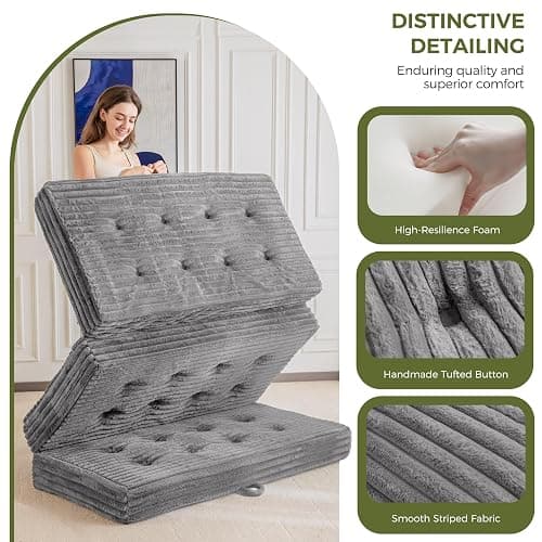 MAXYOYO Folding Sofa Couch Bed, 6 Inch Tri-Fold Floor Sofa Bed, Folding Mattress with Handles, Soft Faux Fur Folding Bed with Supportive Foam Filling, Portable Couch for Living Room, Twin, Grey thumbnail 8