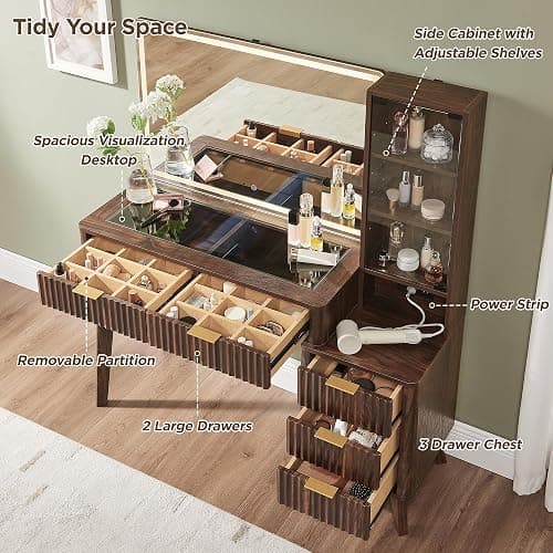 T4TREAM 48" Fluted Makeup Vanity Desk with 36" Lighted Mirror, Dark Walnut | Smart LED Mirror, Visible Glass Top, 5 Drawers & Adjustable Storage Shelves, Charging Station, Bedroom Makeup Storage thumbnail 3