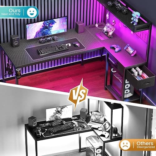 PRAISUN L Shaped Gaming Desk with Shelves, Corner Computer Table with LED Lights, Power Outlets and USB-C Ports, 50 Inch Home Office Desk with Storage Drawer, for Work and Study, Carbon Fiber Black thumbnail 6
