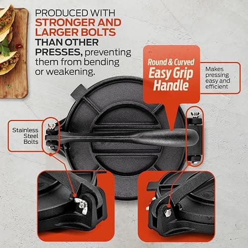 SIRCLES Tortilla Press 12 Inch Cast Iron - Extra Large, Heavy Duty 12 Inch Tortilla Press - Ebook Tortilla recipes - 5 Non-Slip Rubber Feet - Pre-Seasoned - Prensa Para Tortillas De 12 Pulgadas Grande thumbnail 5