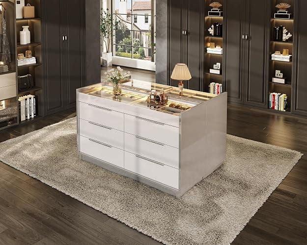 AMERLIFE 47.2" W 8-Drawer Dresser with Glass Top, High Gloss, Cream & Grey | Wide Dresser, 2 Jewelry Drawers, LED Lighting, Spacious Storage Chest, Bedroom Organizer thumbnail 8