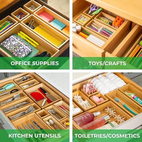 Grow Forward Bamboo Drawer Organizer Boxes - Set of 14 Wooden Drawer Organizers for Kitchen, Bathroom, Office, Desk, Vanity, Makeup - Non-Slip Junk Drawer Organizer Trays for Storage and Organization thumbnail 3