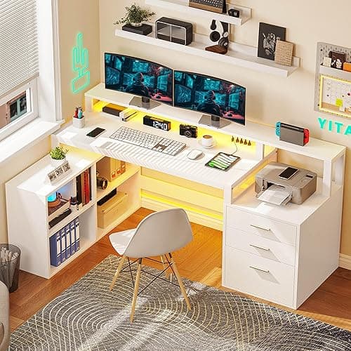 YITAHOME L Shaped Desk with 3 Drawers, 65" Corner Computer Desk with Power Outlets & LED Lights, L-Shaped Desk with File Cabinet & Printer Stand for Home Office, White