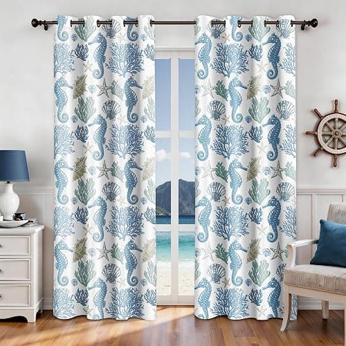 weesire Nautical Coastal Curtains Decorative Beach Ocean Seahorse Coral 50% Light Blocking Sea Darkening Grommet Curtain for Villa Living Room, Bedroom Navy Blue and White 2 Panels Set, 52x84 Inches - Image 1
