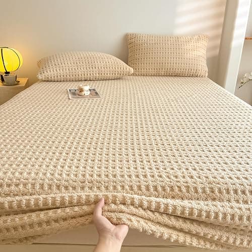 Waffle Weave Queen Fitted Sheet Deep Pocket 15" - Ultra Soft Textured Bed Sheet with Elastic All Around - Breathable Hotel Quality Bedding, Sand Beige thumbnail 4