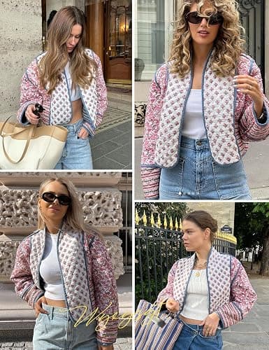 Wyeysyt Women's Cropped Puffer Quilted Jacket Cardigan Floral Printed Lightweight Long Sleeve Open Front Short Padded Coats thumbnail 6