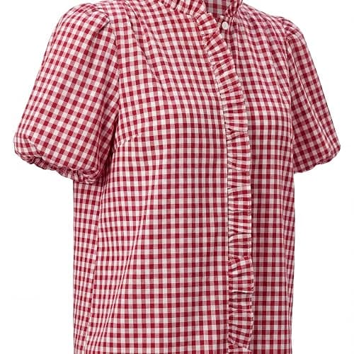 Womens Short Puff Sleeve Button Down Shirts Striped Ruffle Stand Collar Blouse Business Casual Preppy Tops thumbnail 3
