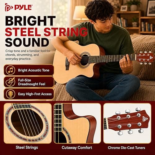 Pyle Beginner Acoustic Guitar Kit - Full Size 41” Cutaway Dreadnought Natural Matte Finish w/ Upgraded Gig Bag, Tuner, Steel Strings, Picks, Strap, Capo, For Beginners/Adults - (Natural, Premium Kit) thumbnail 4
