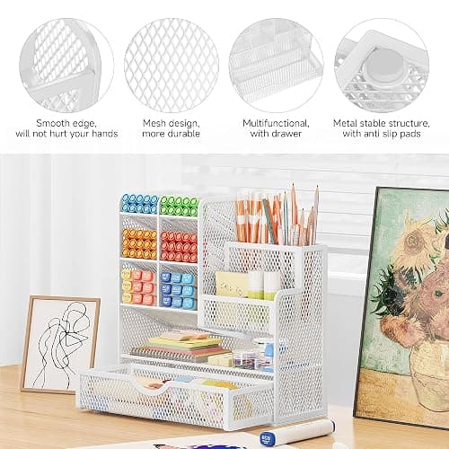 VITVITI Sturdy Mesh Desk Organiser for Office Accessories, Desk Organiser for Stationery Supplies, Make Up Brush, Art storage, 5 Tier Metal Stackable Storage drawers - White thumbnail 7