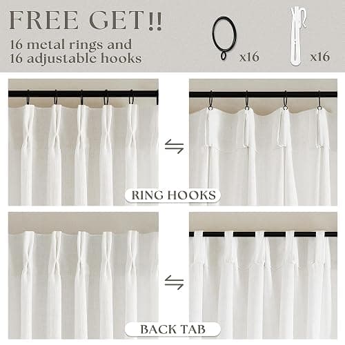 TWODRAPES Beige White Pinch Pleated Linen Curtains 2 Panels 100 Inches Long | Memory Training Shaped, Semi Sheer Pleat Drapes with Hooks Rings, Light Filtering Curtains 40x100 for Living Room Bedroom thumbnail 5