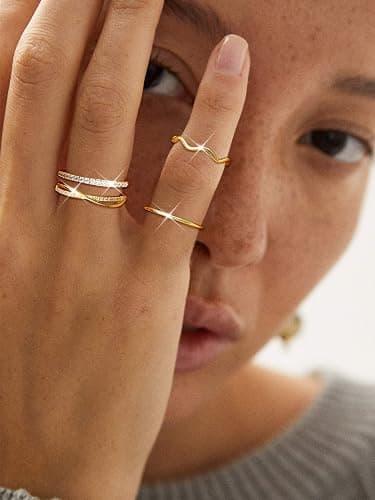 Tungary Adjustable Stackable Rings for Women Non Tarnish CZ Ring Set | 9 Pcs Open Ring Set, Hypoallergenic, Waterproof, Statement Thumb Knuckle Pinky Rings, Promise Wedding Ring, Gold/Silver Rings thumbnail 7