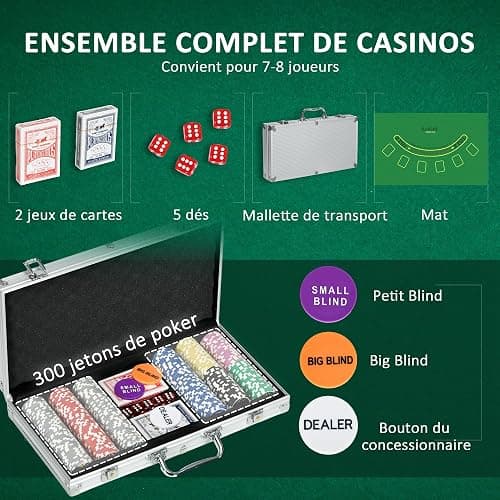 SPORTNOW Mallette de Poker Coffret de Poker Complet, verrouillable, avec 300 jetons 5 dés 2 Jeux de Cartes 3 Boutons 1 Tapis en Feutre + 2 clés Aluminium thumbnail 4