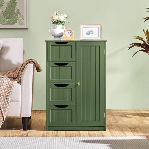Yaheetech Wooden Bathroom Floor Cabinet, Side Storage Organizer Cabinet with 4 Drawers and 1 Cupboard, Freestanding Entryway Storage Unit Console Table, Bathroom Furniture Home Decor, Green thumbnail 7