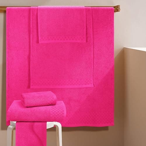 MyOwn Premium Cotton 6 Pack Towel Set for Bathroom, Contains 2 Bath Towels 28x55 inch, 2 Hand Towels 16x24 inch & 2 Wash Coths 12x12 inch, Ideal Everyday use, Compact & Lightweight - Hot Pink thumbnail 2