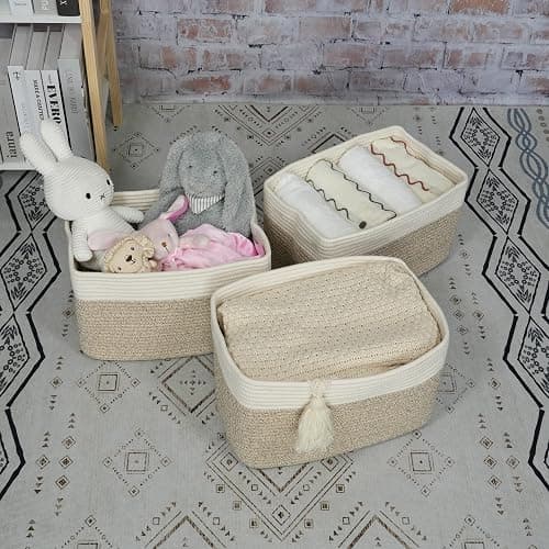 Cotton Rope storage Basket Bins Woven Basket for Organizing Shelves 15X10X9.3" Rectangle Decorative Baskets For storage Clothes Toys Books Towels Nursery basket organizer 3 pack white and brown thumbnail 4