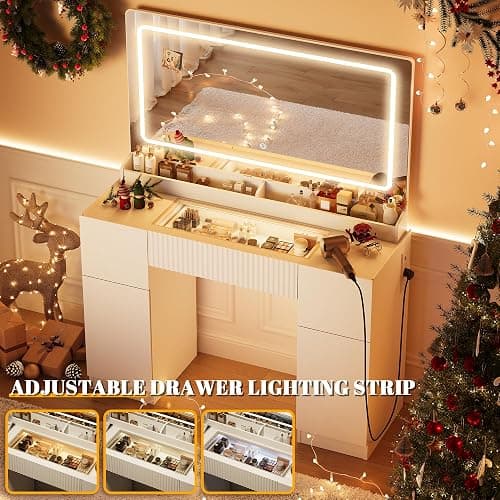 INNOD 44" Vanity Desk with Large Mirror and Lights, Modern Glass Top Makeup Vanity Set with Power Outlet, 3 Drawers and 2 Cabinet, 3 Lighting Color Adjustable Dressing Table for Bedroom,Pure White thumbnail 3