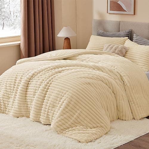 BEDELITE Fleece Queen Comforter Set -Super Soft & Warm Fluffy Beige Bedding, Luxury Fuzzy Heavy Bed Set for Winter with 2 Pillow Cases thumbnail 2