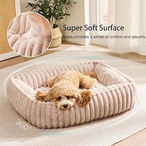 Jolifield Small Dog Bed Calming Cat Bed for Indoor Cats 20’’x16’’ Khaki | Rectangle Plush Orthopedic Pet Sofa Bed, Washable Anti-Anxiety Soft Puppy Couch, Nonskid Bottom Furry Cuddler Up To 7 lbs thumbnail 4
