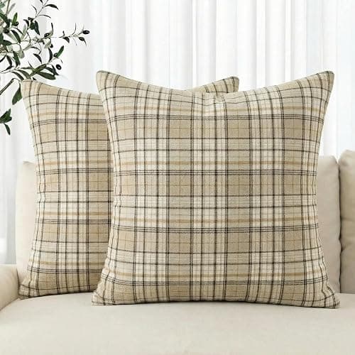 AVOIN colorlife Spring Summer Khaki White Plaid Decorative Throw Pillow Covers, 18 x 18 Inch Holiday Scottish Tartan Cushion Case Farmhouse Decoration for Sofa Couch Set of 2 - Image 1