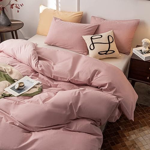 Janlive Washed Cotton Duvet Cover Queen Ultra Soft 100% Cotton Solid Color Dusty Pink Duvet Cover Set with Zipper Closure -3 Pieces Pink Queen thumbnail 3