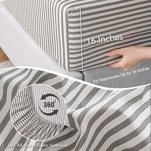 JELLYMONI 100% Cotton Bed Sheets Set – Grey and White Stripes, King Size, Soft Bedding with Deep Pocket Fitted Sheet, Flat Sheet & Pillowcases thumbnail 5