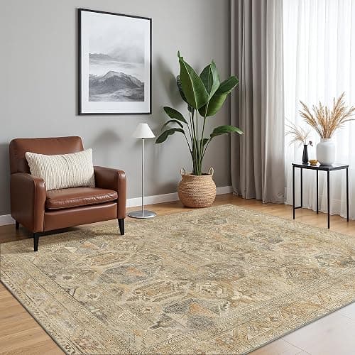Bavni Washable Rug 8x10 Area Rug for Living Room Bedroom Dining, Washable Vintage Print Carpet, Ultra-Thin Low Pile Lightweight Rug with Non Slip Backing, Light Brown thumbnail 2