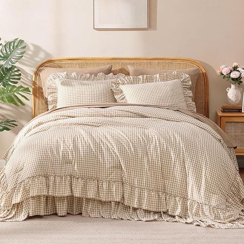 AMBERSPACE King Size Comforter Set Gingham Ruffle Tan 7 Pieces Bed in a Bag | Farmhouse Shabby Chic Fluffy Bedding Sets with Sheets, Pillowcases & Shams - Image 1