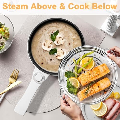 Dezin Hot Pot Electric with Steamer Upgraded, Non-Stick Sauté Pan, Rapid Noodles Electric Pot, 1.5L Mini Pot for Steak, Egg, Fried Rice, Ramen, Oatmeal, Soup with Power Adjustment thumbnail 4