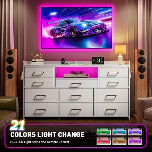 EnHomee LED Dresser for Bedroom with Charging Station,11 Drawers & 4 Hooks | Dresser TV Stand for 50 55 60 inch TVs for Living room,Storage Chests of Drawers with 2 Wood Shelve,White PU Leather thumbnail 4