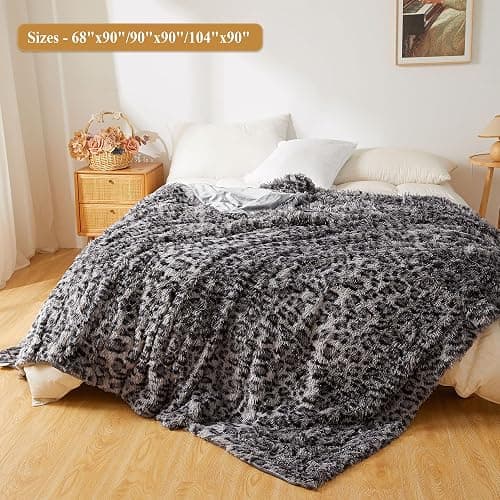 XeGe Fluffy Faux Fur Leopard Print Bed Blanket Kids Adults Couples, Plush Fuzzy Wrap Round Large Cheetah Queen Size Warm Shaggy Furry Blanket for Couch Sofa Bedroom Living Room, Grey, 90x90, Queen thumbnail 2