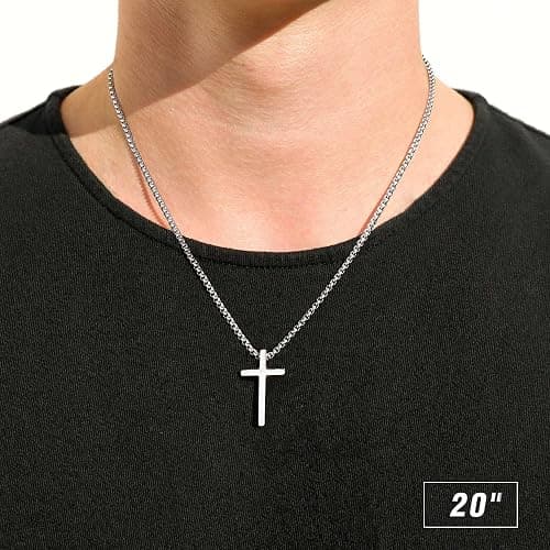M MOOHAM Cross Necklace for Men, Silver Black Gold Stainless Steel Plain Cross Pendant Necklace for Men Box Chain 16-30 Inch thumbnail 2