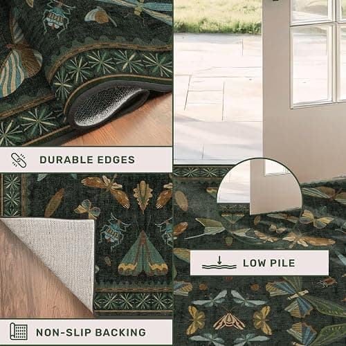 Dark Green 4x6 Washable Area Rug for Living Room, Bedroom, Large Entryway, Kitchen, Ultra Soft Non Slip Stain Resistance, Floral Forest with Brown Aethestic Design thumbnail 5