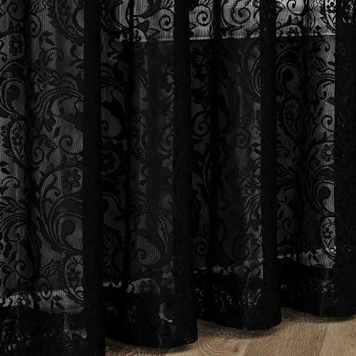 Bujasso Black Sheer Lace Curtains 54 inch Elegant Vintage Floral Short Curtain Panels for Kitchen Living Room Bedroom Light Filtering Black Drapes Window Treatment Sets Rod Pocket 2 Panels 54" Wx54 L thumbnail 10