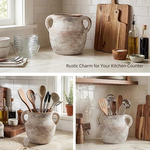 CWFutwell Rustic Utensil Holder for Kitchen Counter - Large Ceramic Farmhouse Cooking Utensil Crock & Organizer for Spatula, Spoon - Vintage Kitchen Decor (Taupe) thumbnail 6