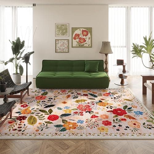 Rugcomf Area Rugs 9x12 Living Room Clearance Washable Boho Rug Non Slip Floral Vintage Low Pile Large Rug for Living Room, Bedroom, Farmhouse, Dining Room, Kids Playroom(Beige) thumbnail 7