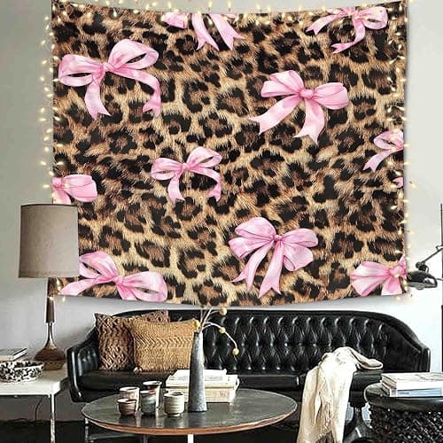 Imirell Pink Bow Leopard Print Tapestry 59Wx51H Inches Girly Modern Panthera Cat Pretty Bownot Sweet Retro Fashion for Lady Woman Art Hanging Bedroom Living Room Dorm Wall Blankets Home Decor Fabric thumbnail 6