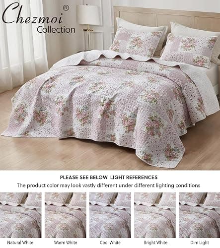Chezmoi Collection Rosy 3-Piece Printed Patchwork Cotton Quilt Set, Full Size - Pink Flower Floral Striped Polka Dots - Stone Washed Lightweight Bedspread thumbnail 5