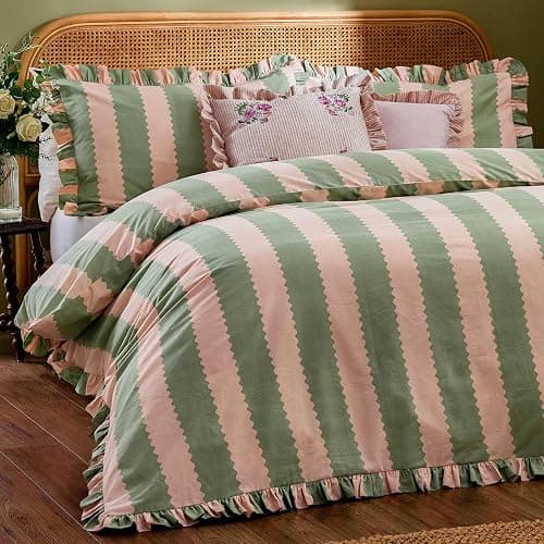 furn. Wylder Birdie Stripe Duvet Cover Set – Reversible Cotton Rich Frilled Cottagecore Stripe Design with Ruffle Trim (Pink/Green - Double) thumbnail 3