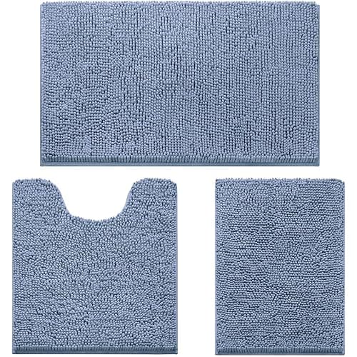 HOMEIDEAS 3 Pieces Bathroom Rugs, Ultra Soft Non Slip Absorbent Chenille Toilet Bath Mat Set (Grey Blue) - Image 1