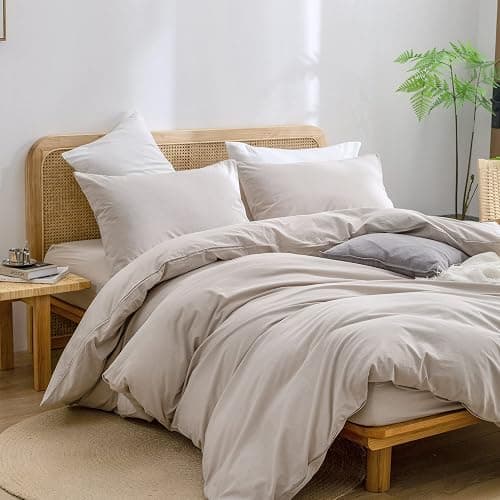 BESTOUCH Duvet Cover Set 100% Washed Cotton Linen Feel Super Soft Comfortable Chic Lightweight 3 PCs Home Bedding Set Solid Linen Grey Queen | Super Soft, Comfortable, Linen Feel, Lightweight, Chic, Solid, Home Bedding Set thumbnail 5