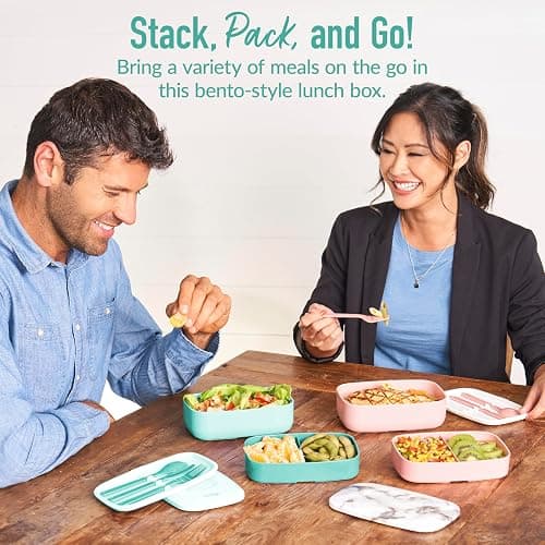 Bentgo Classic - Adult Bento Box, Stackable 3-Compartment Lunch Box with Removable Utensil Set and Sealing Strap, BPA-Free, Food Container Ideal for Meal Prep, Work, and On the Go (Coastal Aqua) thumbnail 2