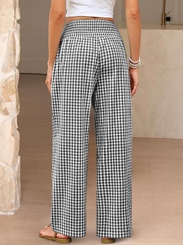 ANRABESS Womens Striped Gingham Wide Leg Palazzo Pants with Pockets | Smocked High Waisted Pajama Pants, Lounge & Casual, Fall Spring Summer Loungewear, Cute Pj Pants thumbnail 5